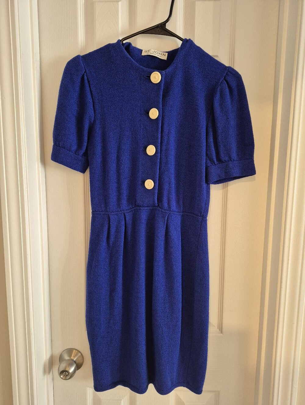 St. John Blue Knit Dress with Ivory Buttons